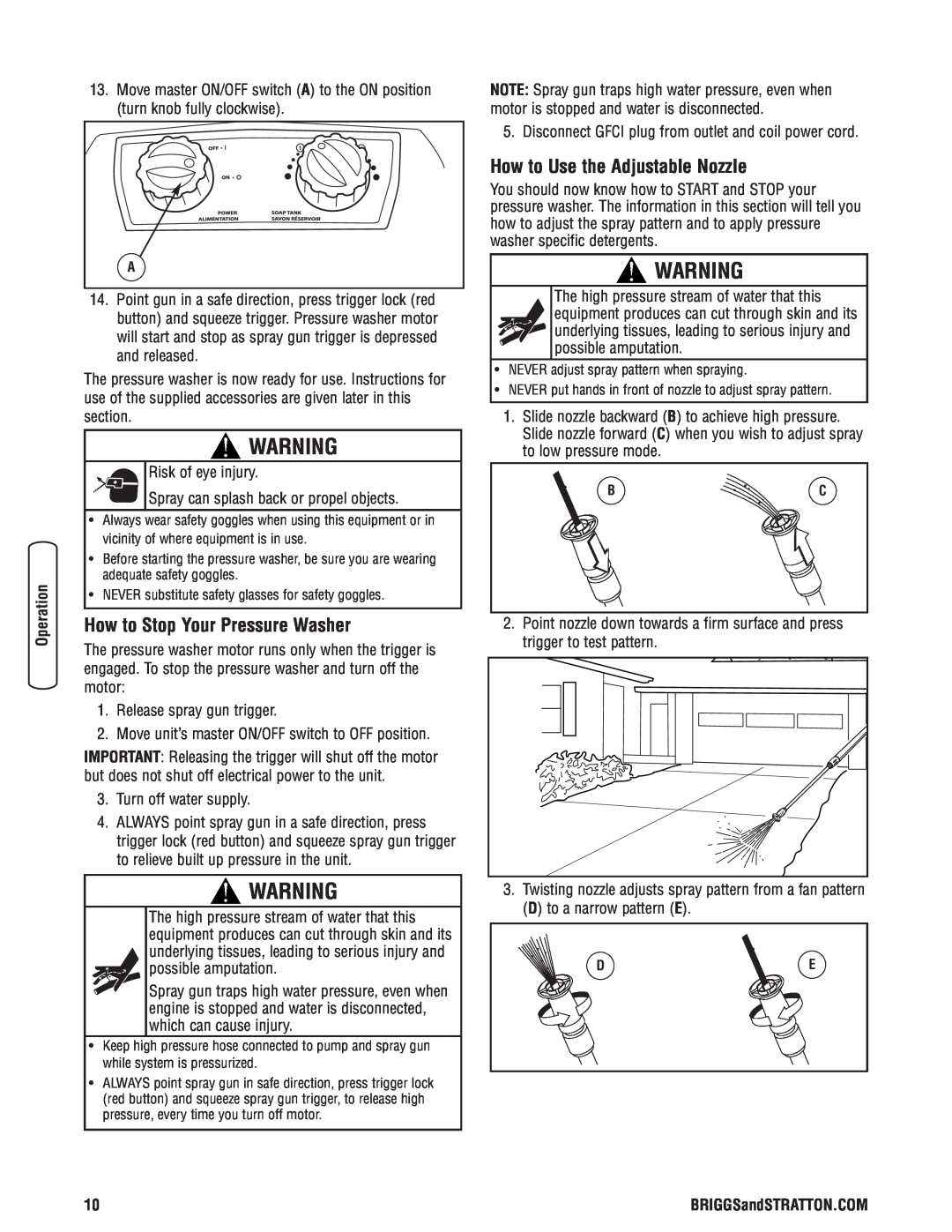 Briggs & Stratton Electric Pressure Washer manual How to Stop Your Pressure Washer, How to Use the Adjustable Nozzle 