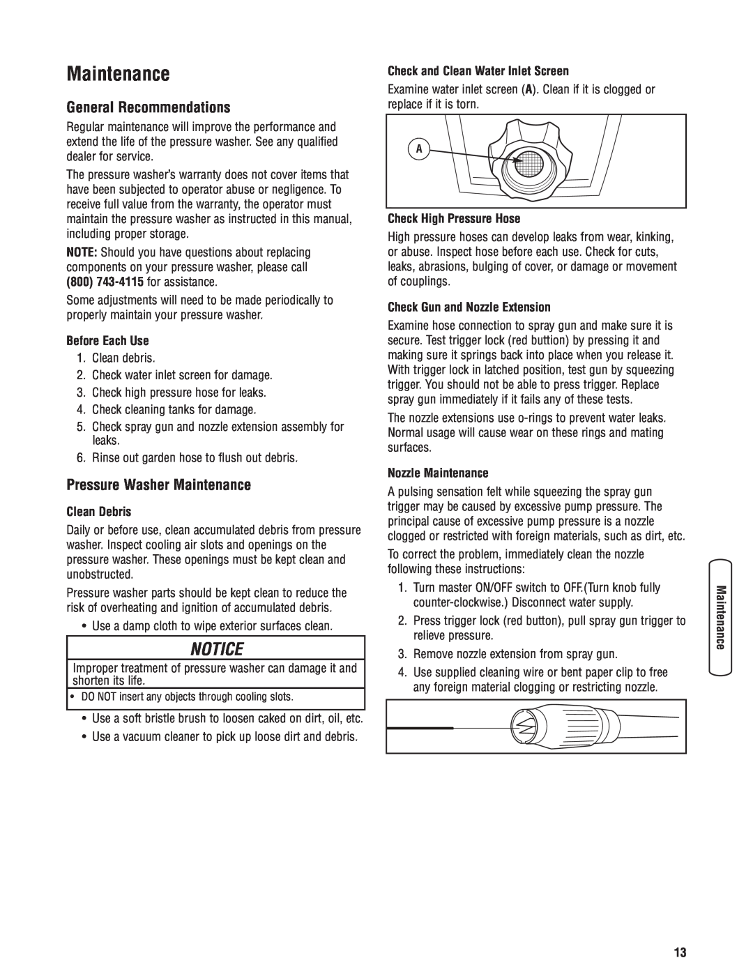 Briggs & Stratton Electric Pressure Washer manual General Recommendations, Pressure Washer Maintenance, Before Each Use 