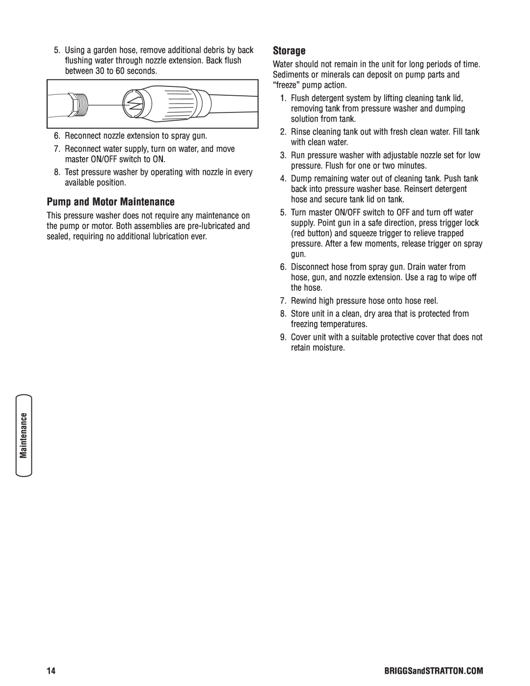 Briggs & Stratton Electric Pressure Washer manual Pump and Motor Maintenance, Storage 