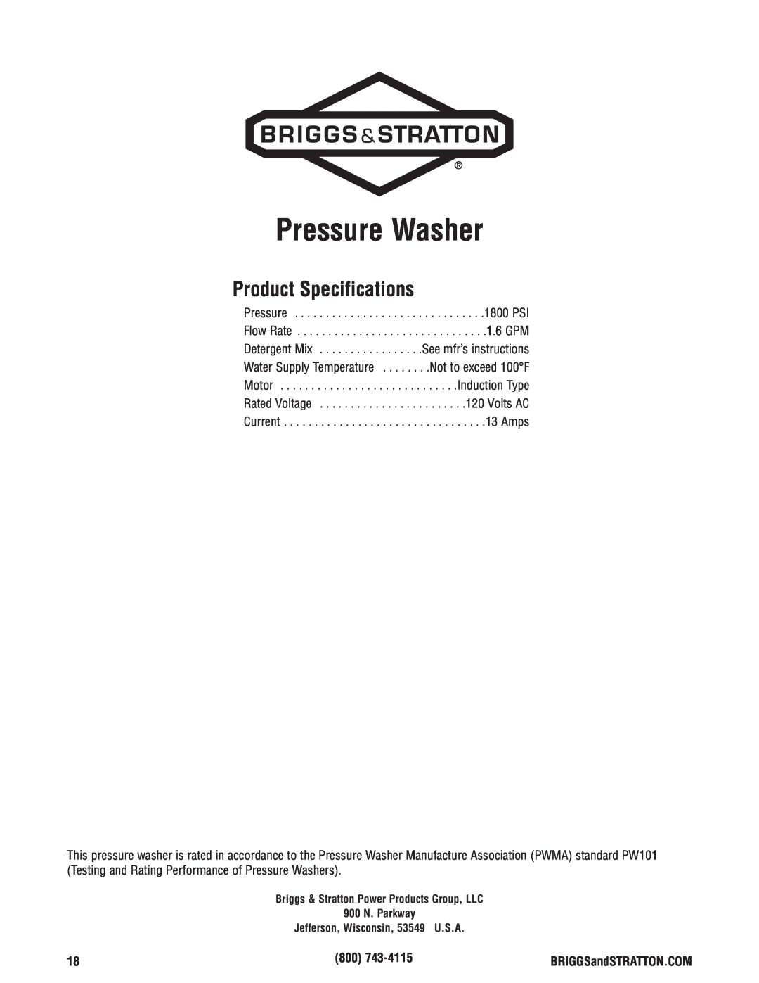 Briggs & Stratton Electric Pressure Washer manual Product Specifications 
