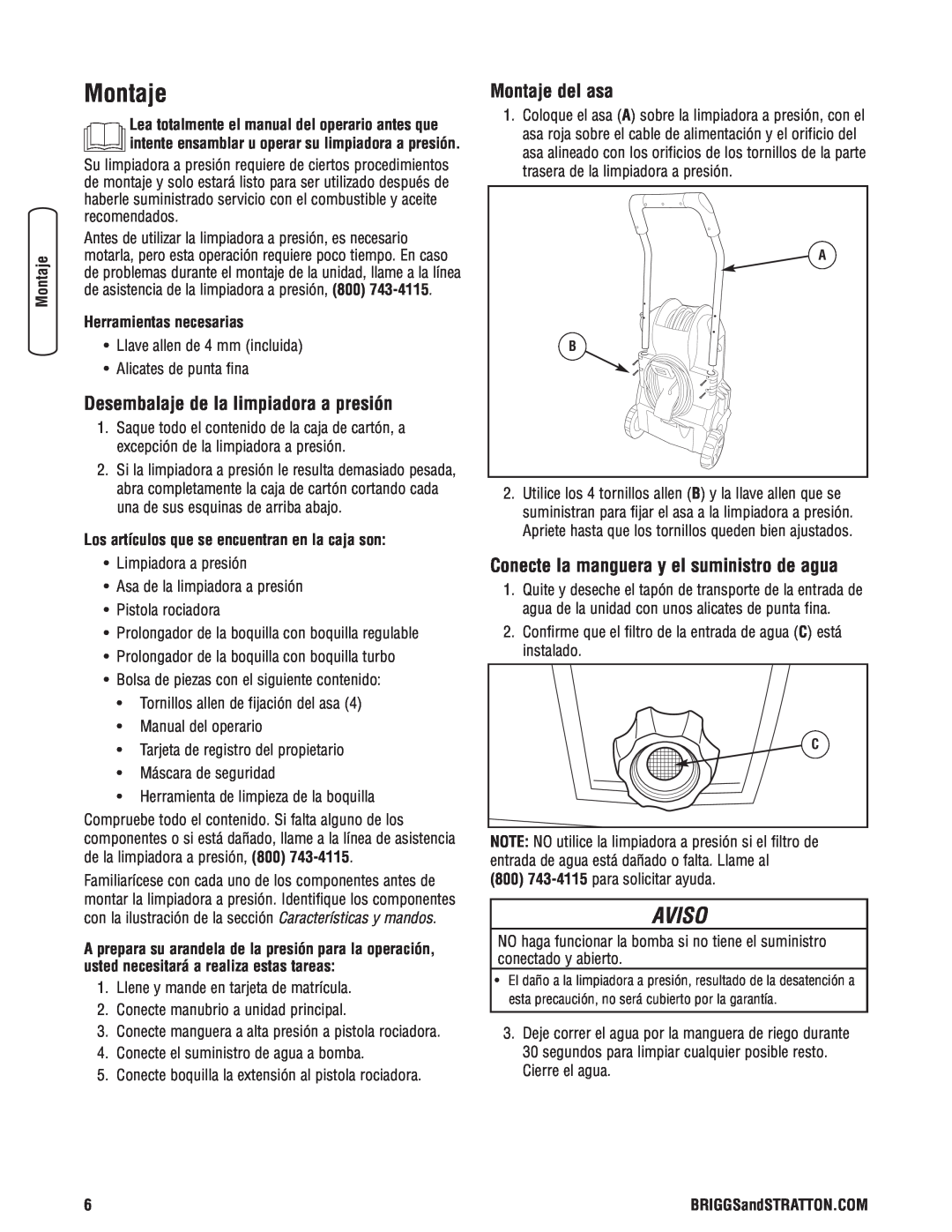 Briggs & Stratton Electric Pressure Washer manual Desembalaje de la limpiadora a presión, Montaje del asa, Aviso 
