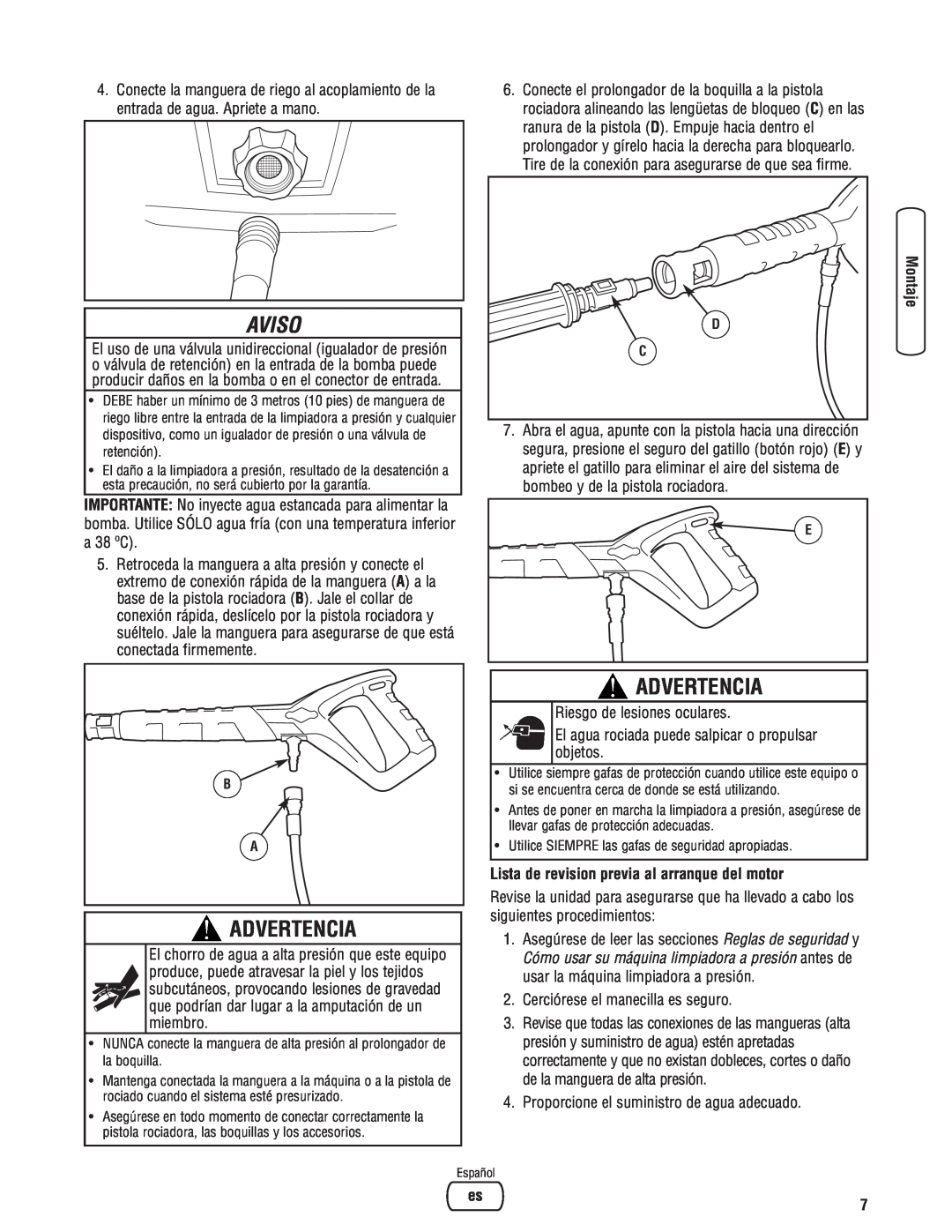 Briggs & Stratton Electric Pressure Washer manual Lista de revision previa al arranque del motor, Aviso, Advertencia 