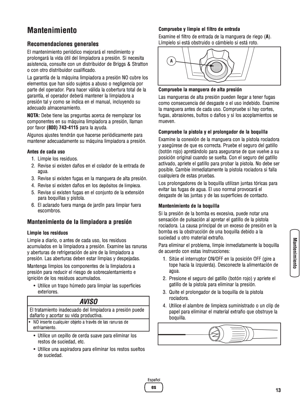 Briggs & Stratton Electric Pressure Washer manual Mantenimiento, Recomendaciones generales, Antes de cada uso, Aviso 