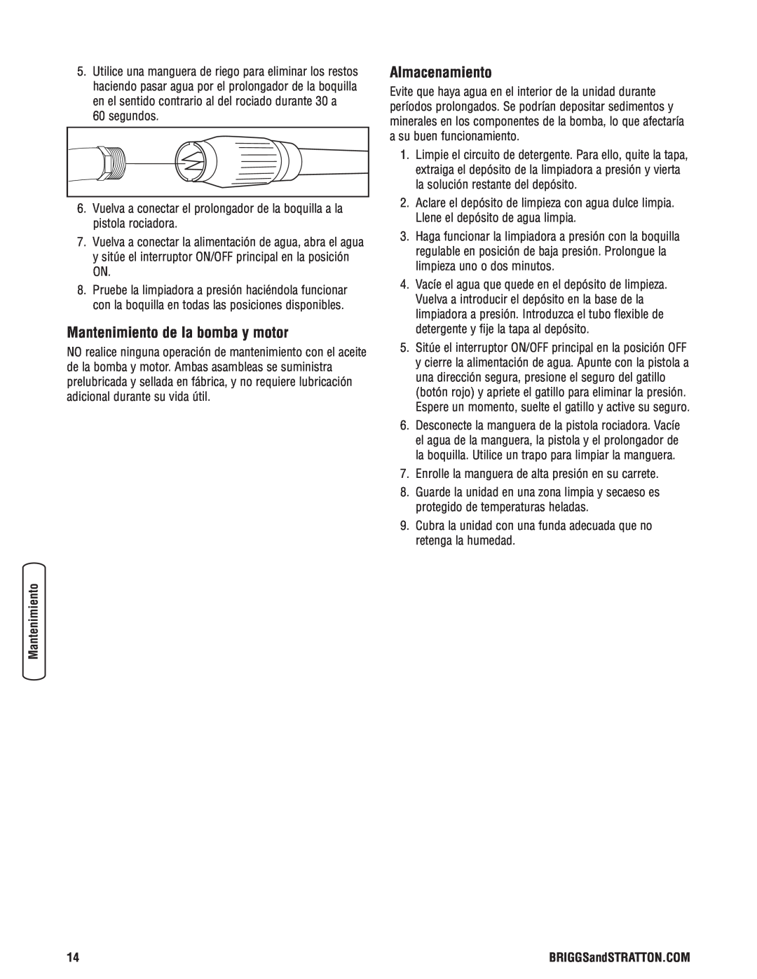 Briggs & Stratton Electric Pressure Washer manual Mantenimiento de la bomba y motor, Almacenamiento 
