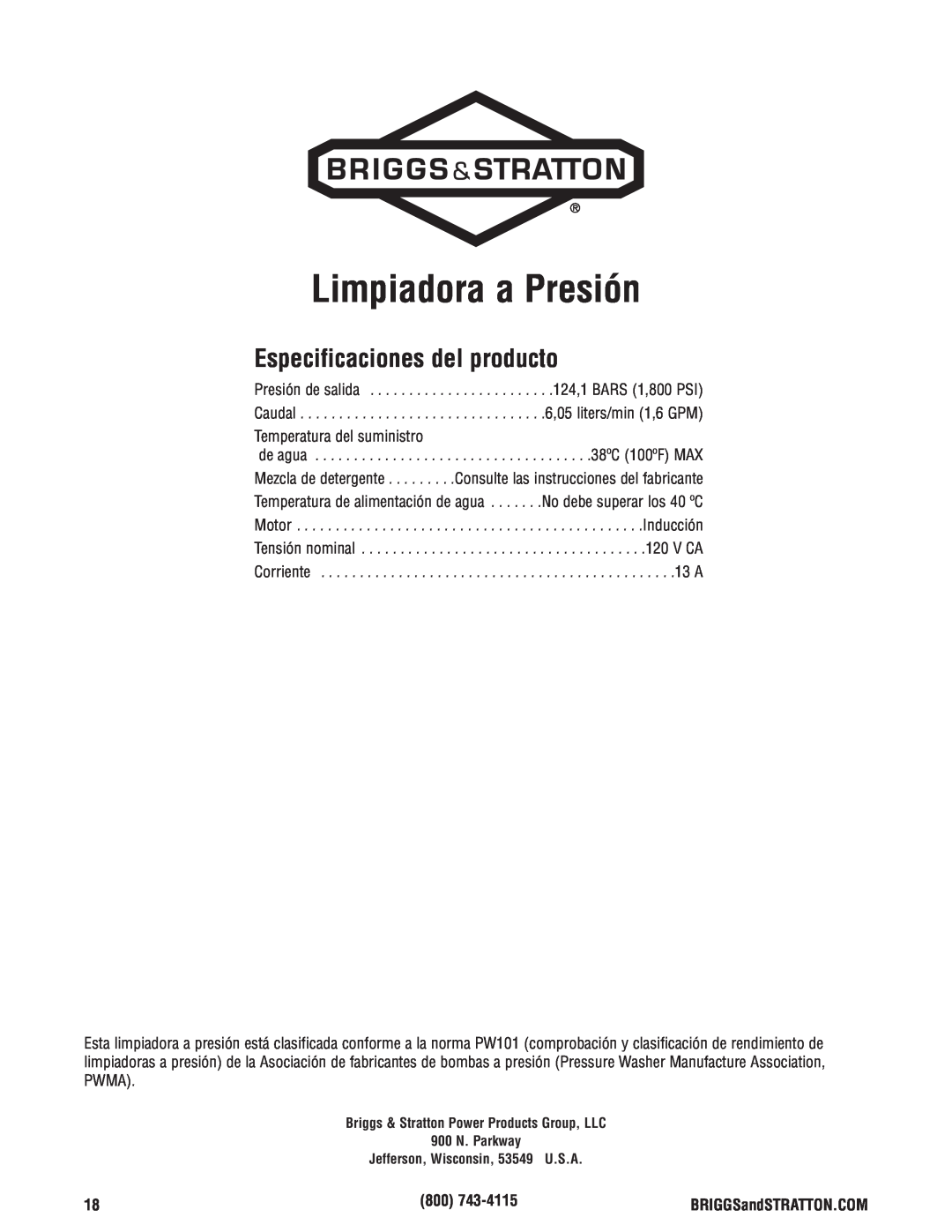 Briggs & Stratton Electric Pressure Washer manual Limpiadora a Presión, Especificaciones del producto 