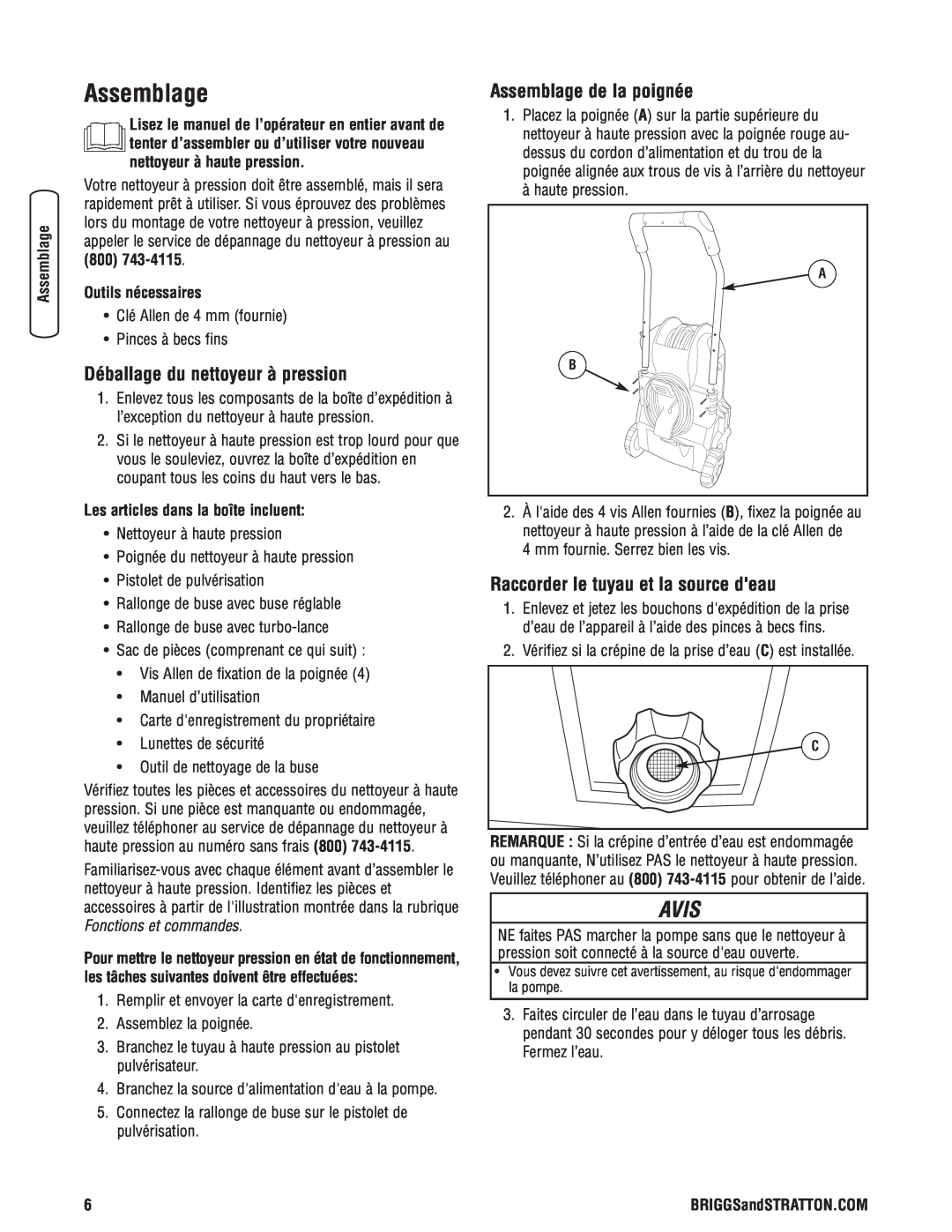 Briggs & Stratton Electric Pressure Washer manual Déballage du nettoyeur à pression, Assemblage de la poignée, Avis 