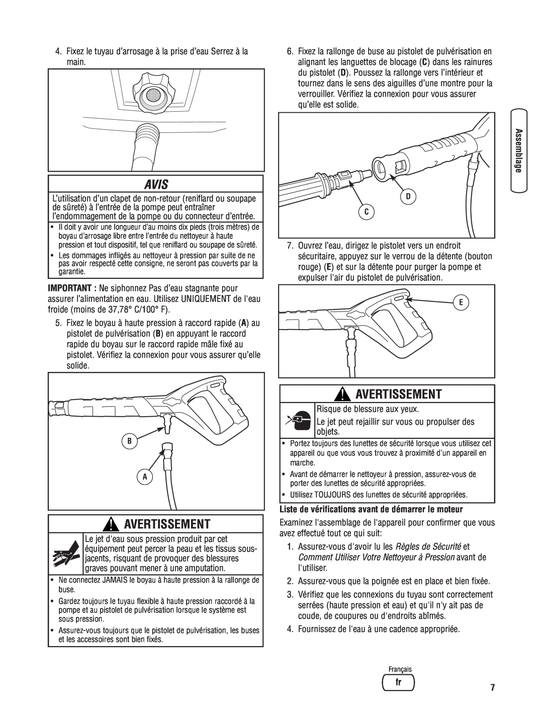 Briggs & Stratton Electric Pressure Washer manual Liste de vérifications avant de démarrer le moteur, Avis, Avertissement 