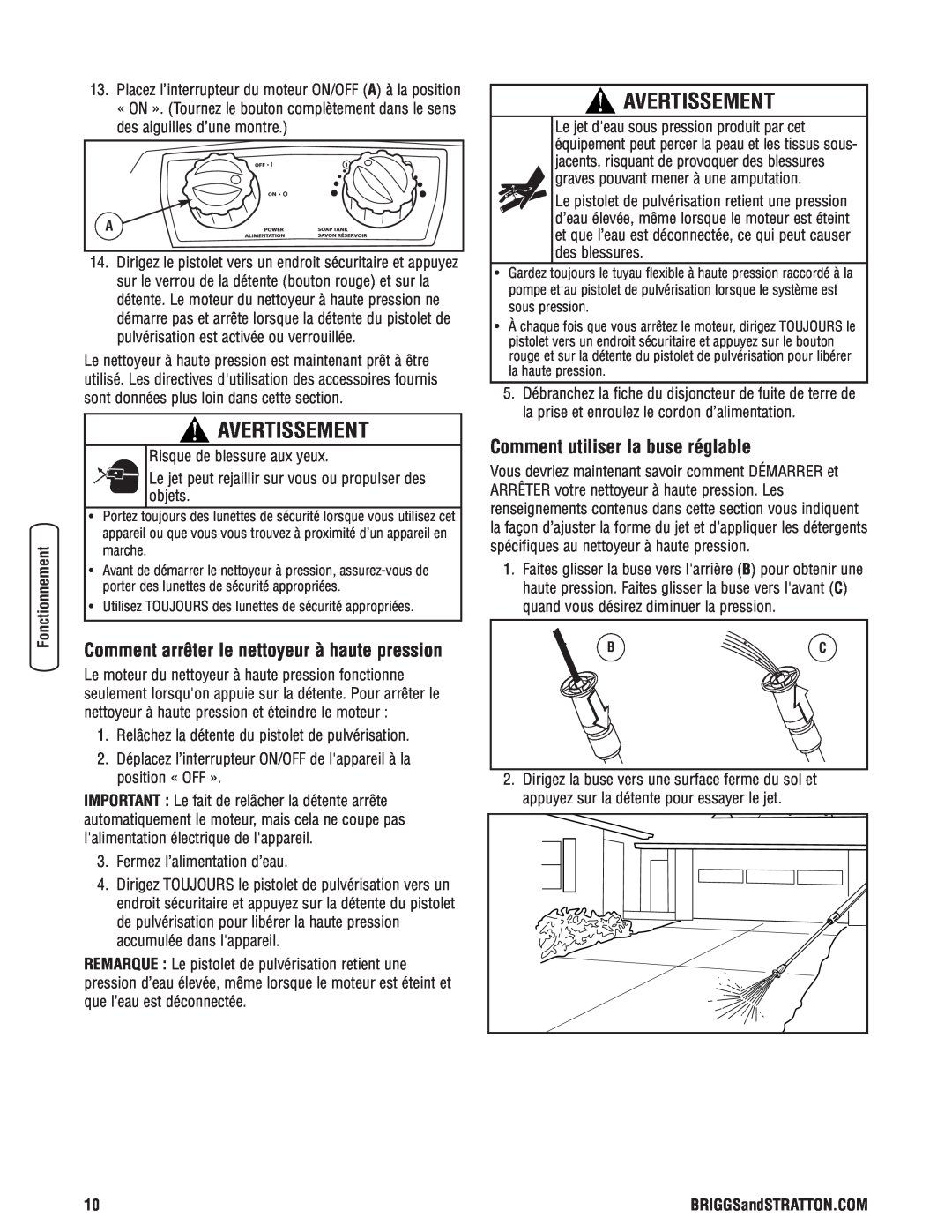 Briggs & Stratton Electric Pressure Washer manual Comment utiliser la buse réglable, Avertissement 