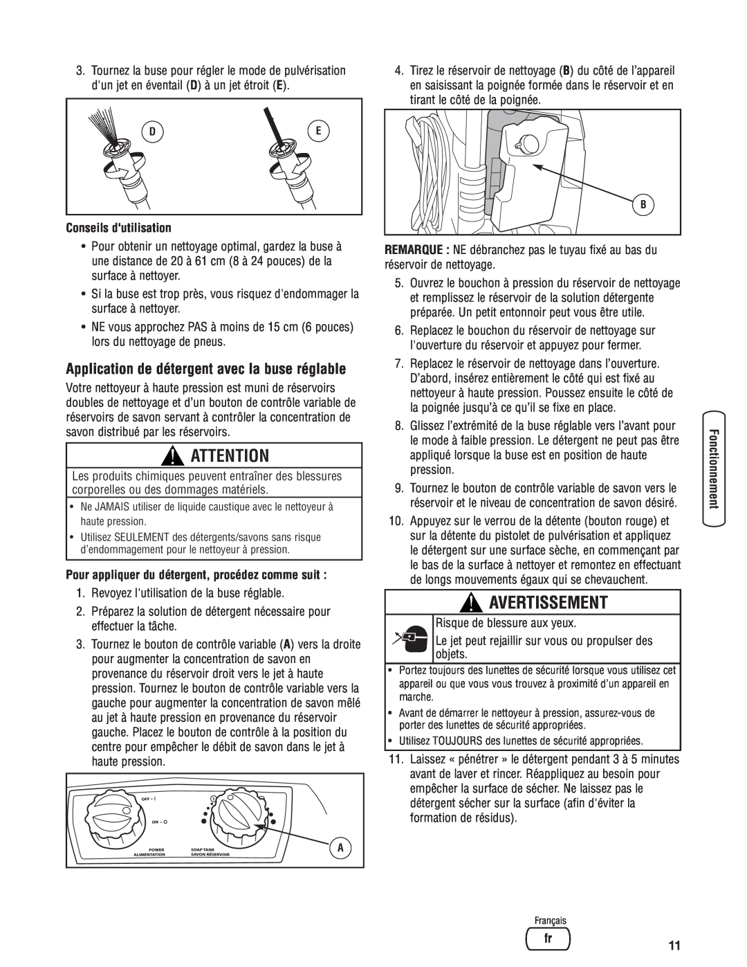 Briggs & Stratton Electric Pressure Washer manual Application de détergent avec la buse réglable, Conseils dutilisation 