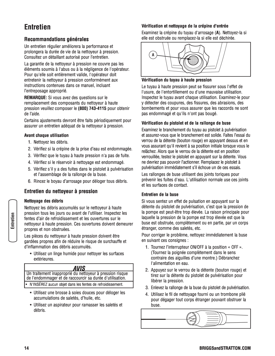 Briggs & Stratton Electric Pressure Washer manual Recommandations générales, Entretien du nettoyeur à pression, Avis 