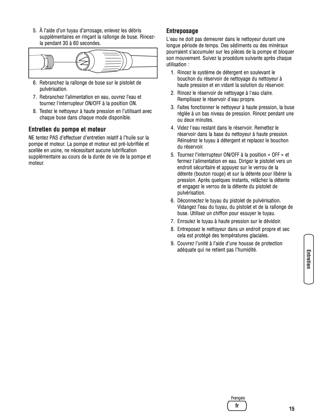Briggs & Stratton Electric Pressure Washer manual Entretien du pompe et moteur, Entreposage 