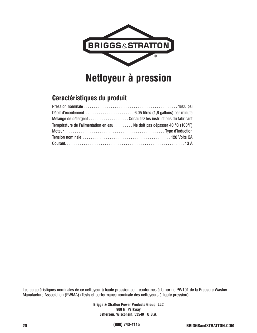Briggs & Stratton Electric Pressure Washer manual Caractéristiques du produit, Nettoyeur à pression 