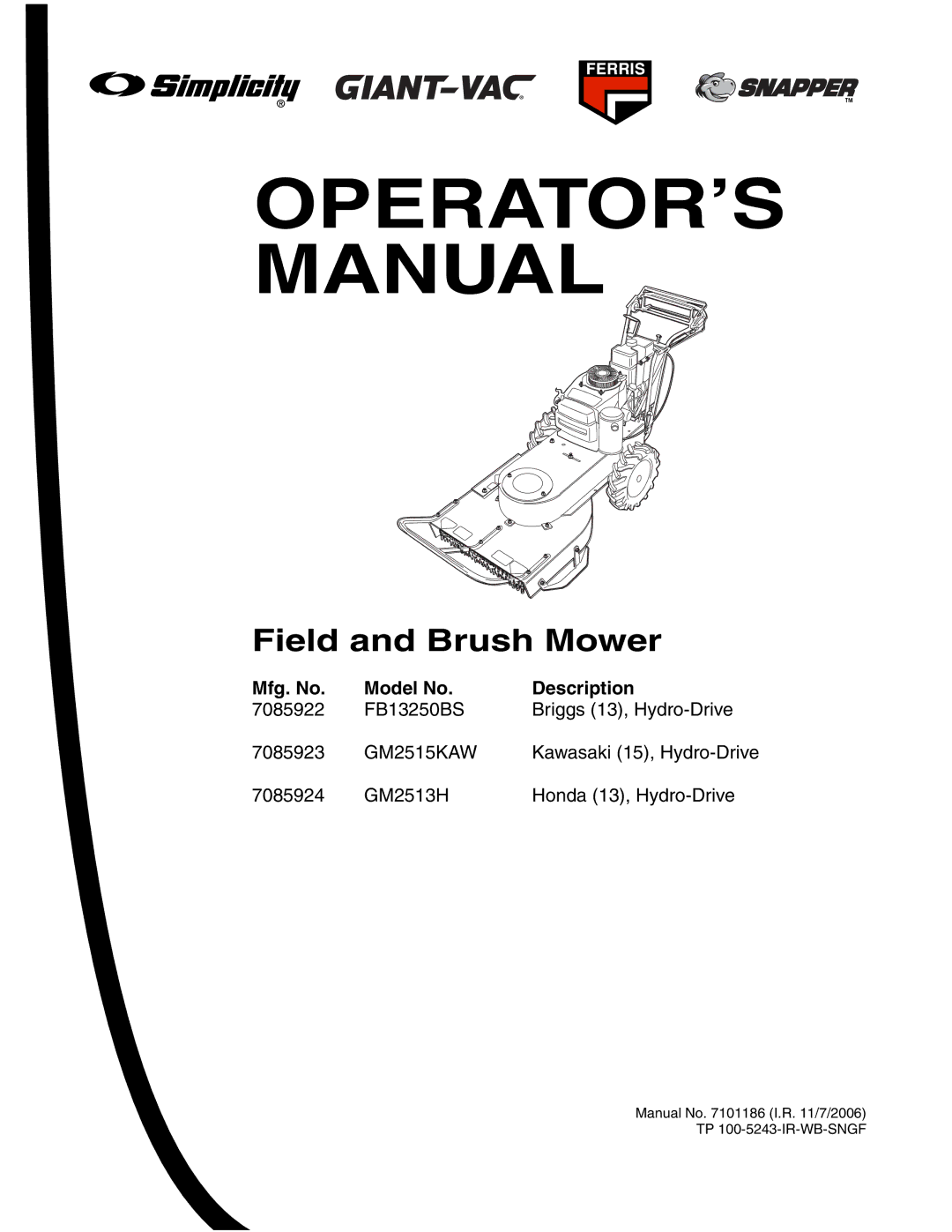 Briggs & Stratton FB13250BS manual OPERATOR’S Manual, Mfg. No Model No Description 