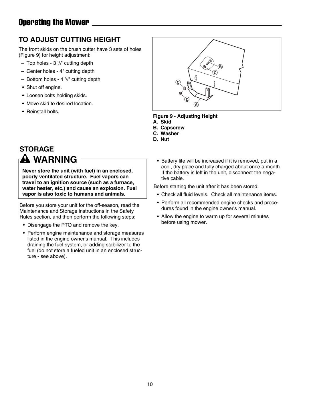 Briggs & Stratton FB13250BS manual To Adjust Cutting Height, Storage 