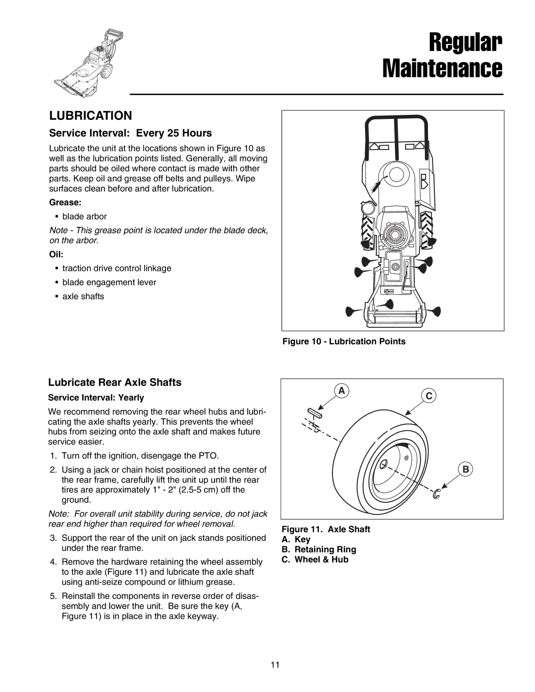 Briggs & Stratton FB13250BS Regular Maintenance, Lubrication, Service Interval Every 25 Hours, Lubricate Rear Axle Shafts 