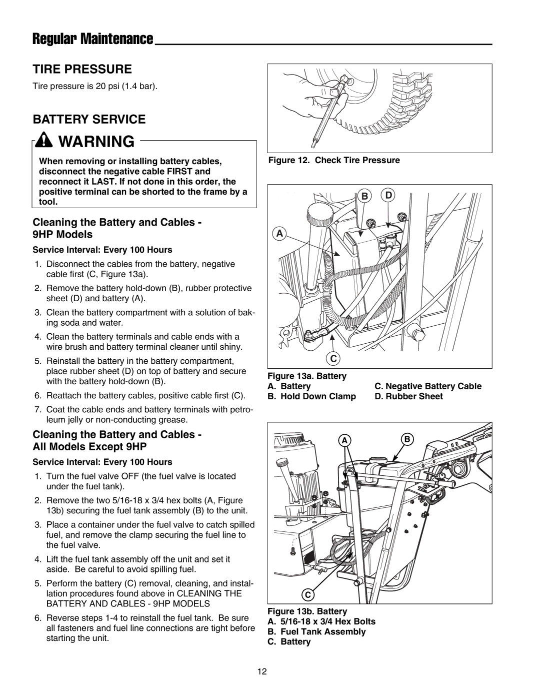 Briggs & Stratton FB13250BS manual Regular Maintenance, Tire Pressure, Battery Service 