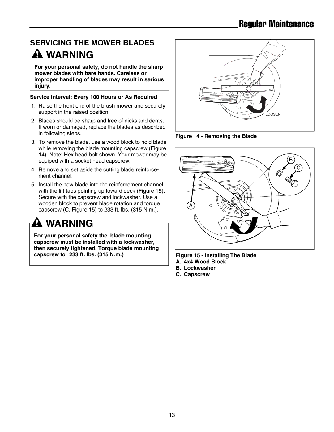 Briggs & Stratton FB13250BS manual Servicing the Mower Blades, Removing the Blade 