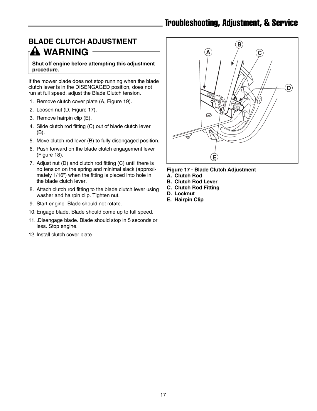 Briggs & Stratton FB13250BS manual Blade Clutch Adjustment, Shut off engine before attempting this adjustment procedure 