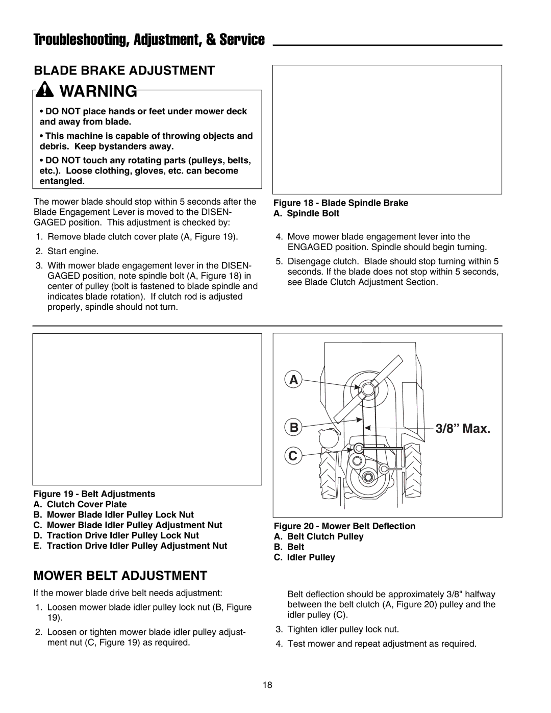 Briggs & Stratton FB13250BS manual Blade Brake Adjustment, Mower Belt Adjustment 