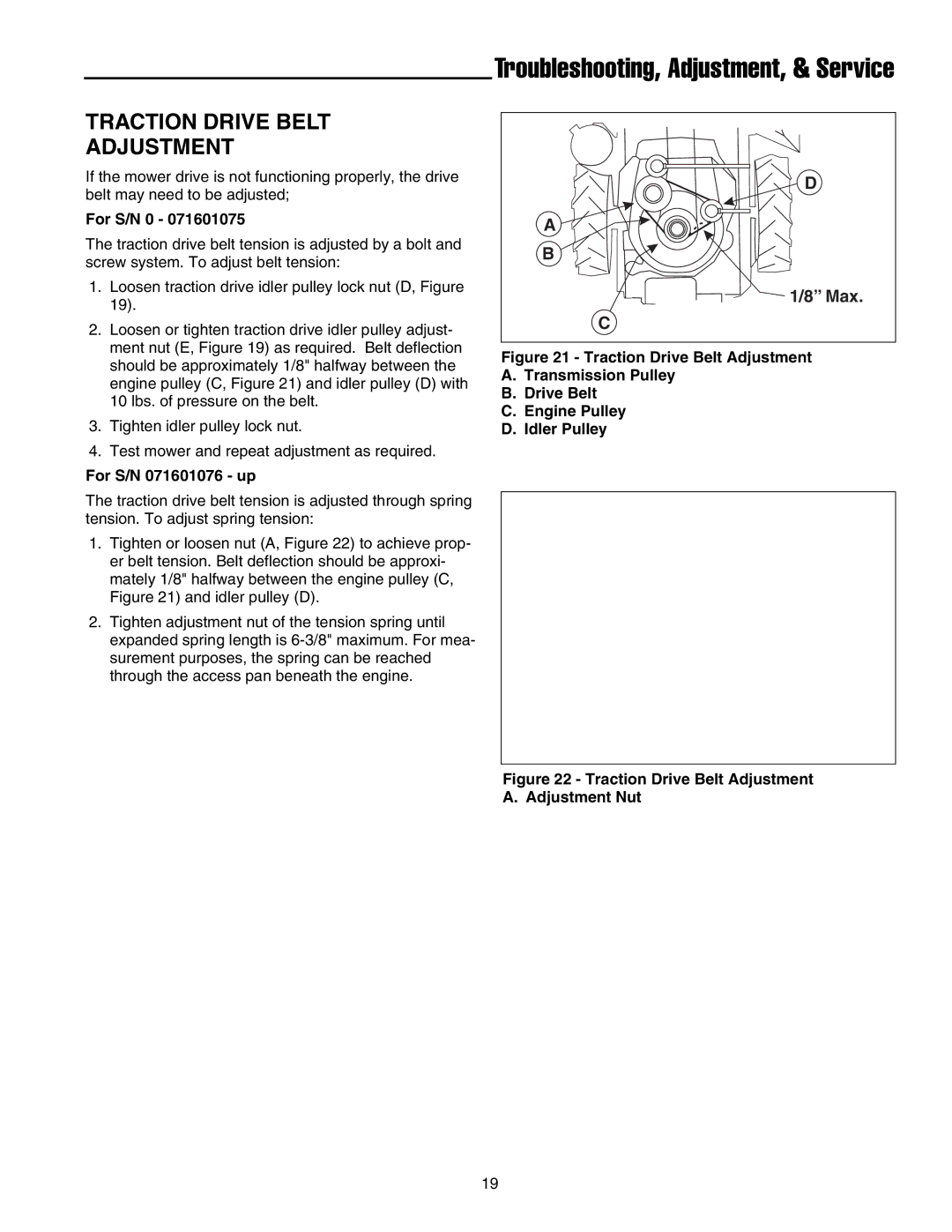 Briggs & Stratton FB13250BS manual Traction Drive Belt Adjustment, For S/N 071601076 up 