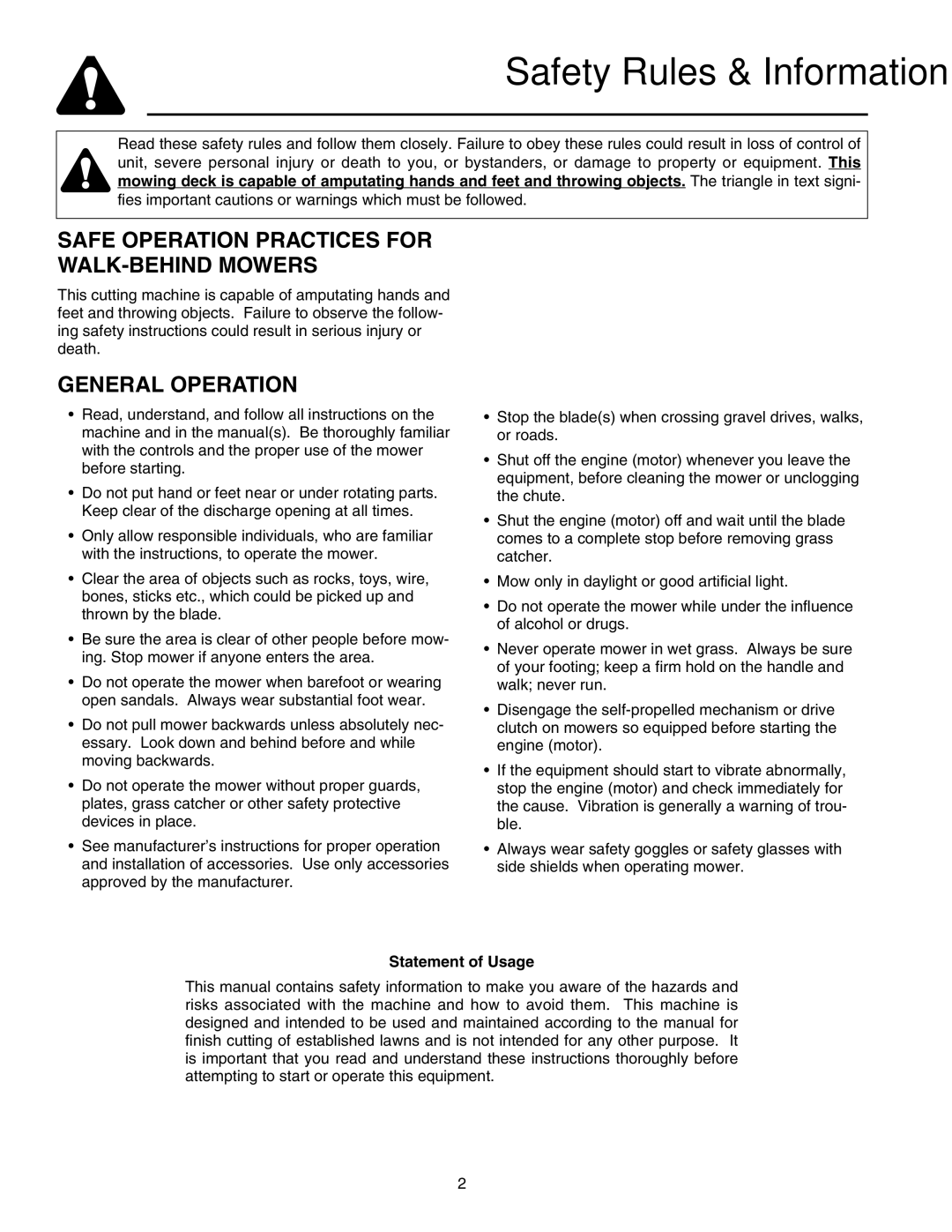 Briggs & Stratton FB13250BS manual Safe Operation Practices for WALK-BEHIND Mowers, General Operation, Statement of Usage 