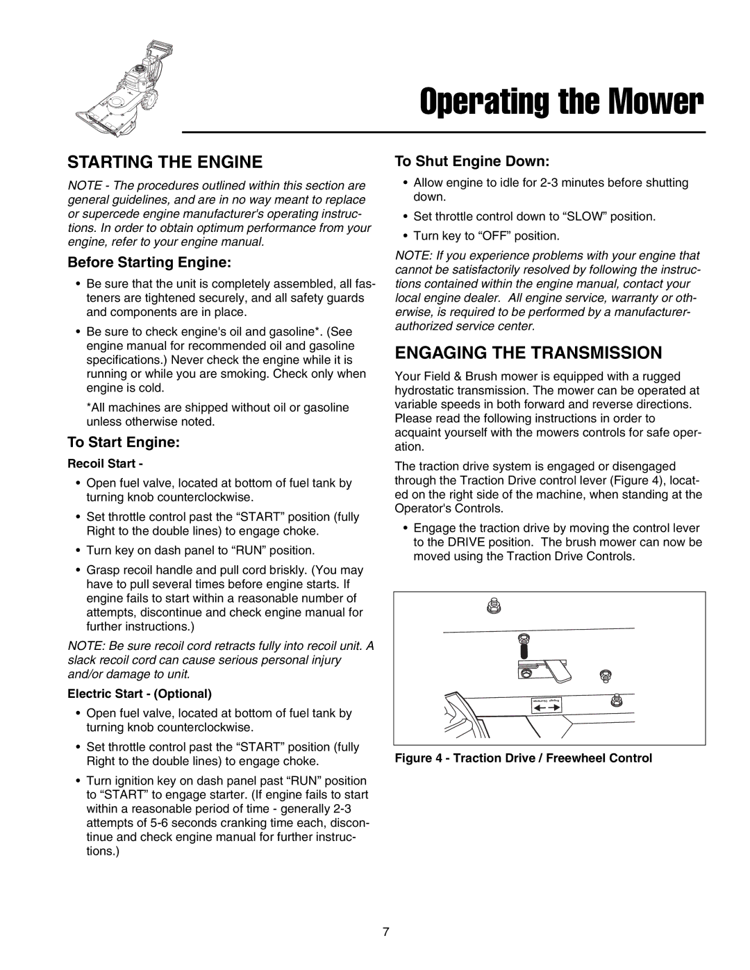 Briggs & Stratton FB13250BS manual Starting the Engine, Engaging the Transmission, Before Starting Engine, To Start Engine 