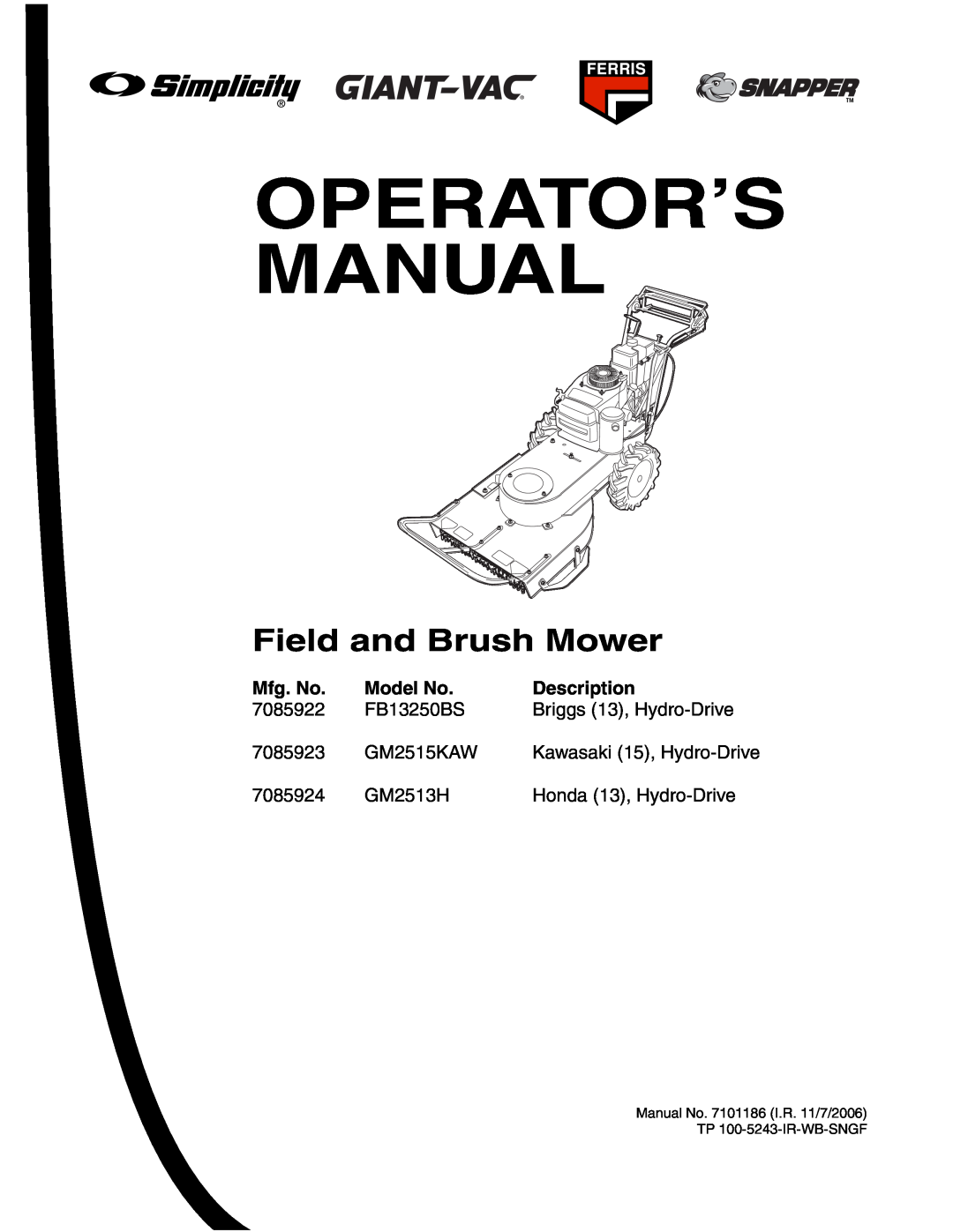 Briggs & Stratton FB13250BS manual Mfg. No, Model No, Description, Operator’S Manual, Field and Brush Mower, 7085922 