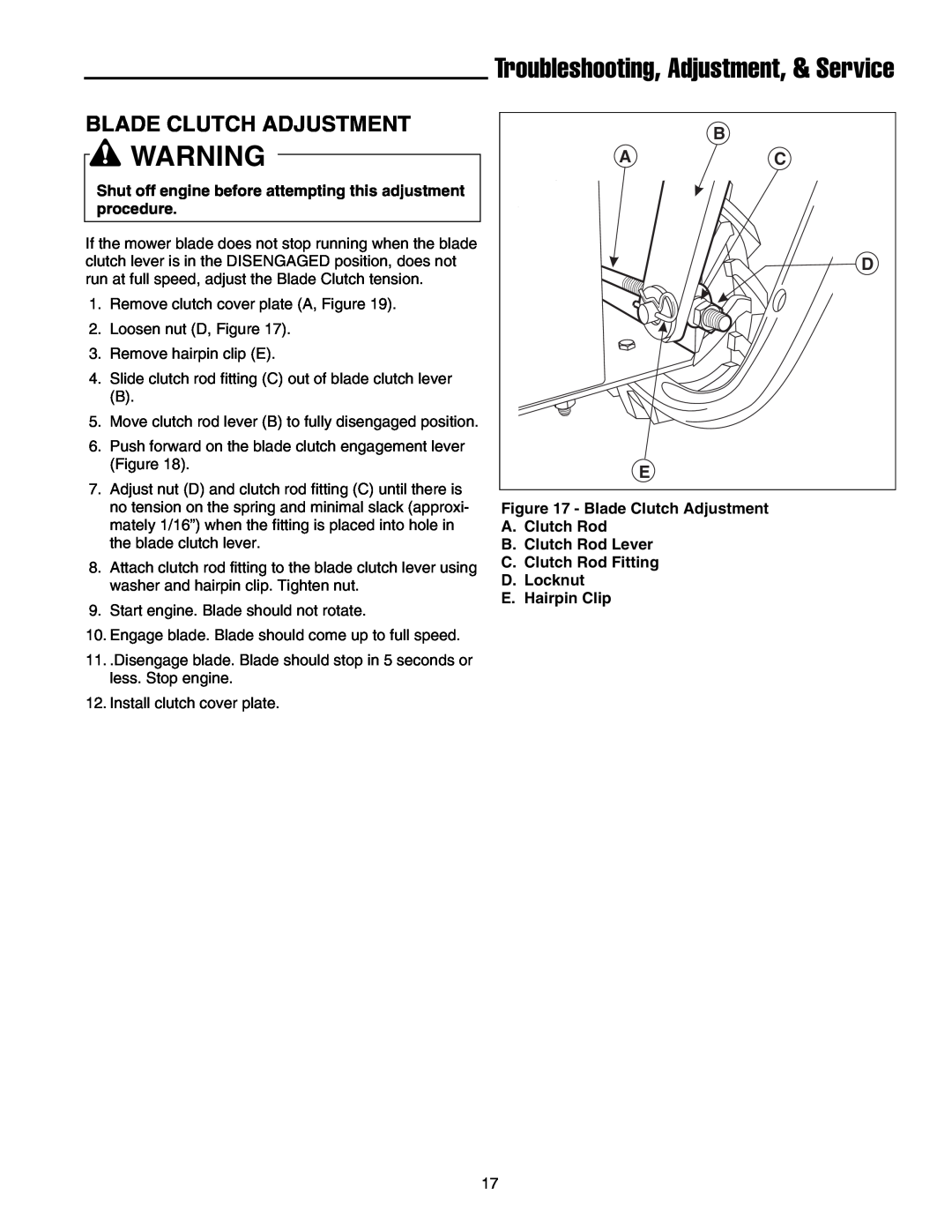 Briggs & Stratton FB13250BS manual Troubleshooting, Adjustment, & Service, Blade Clutch Adjustment 
