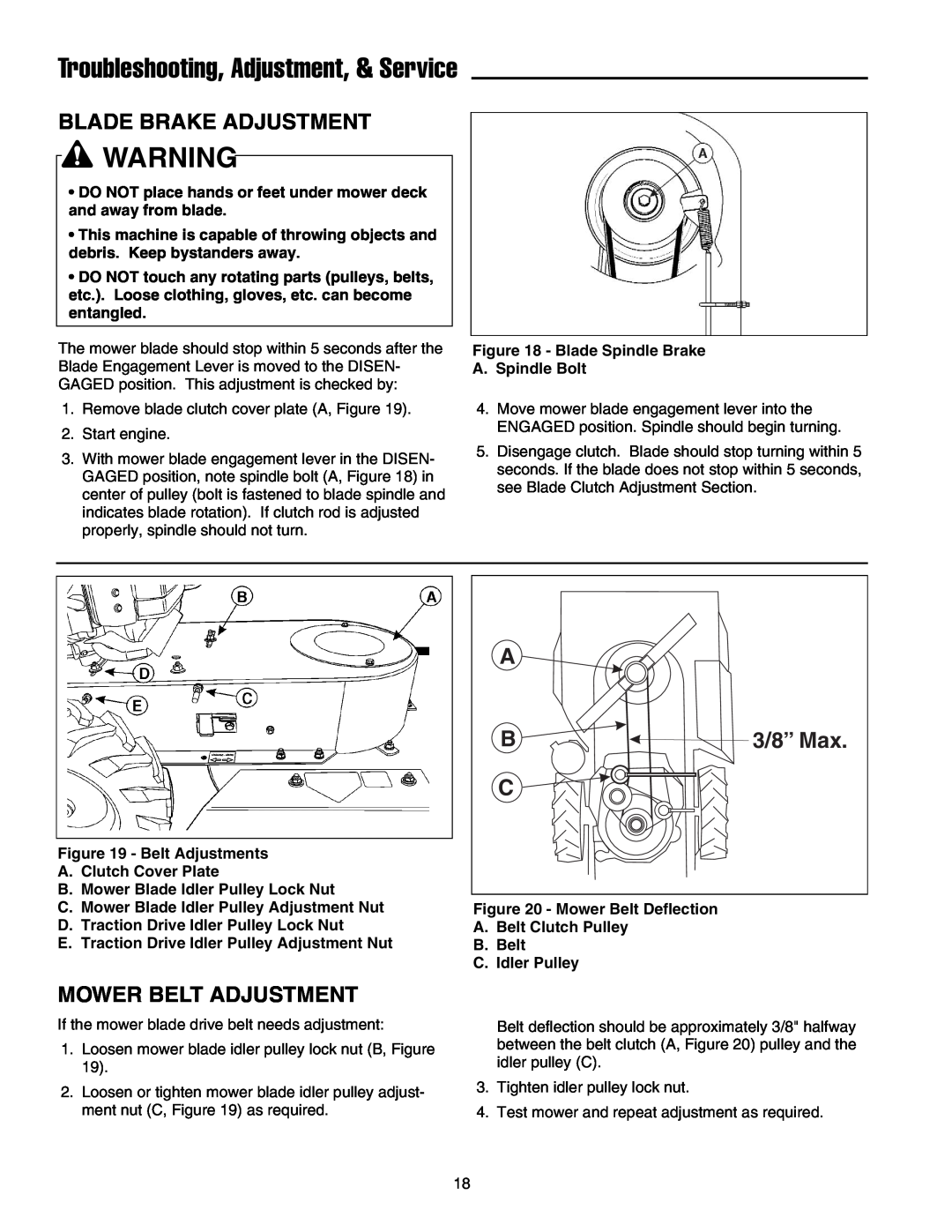 Briggs & Stratton FB13250BS manual Blade Brake Adjustment, Mower Belt Adjustment, 3/8” Max 