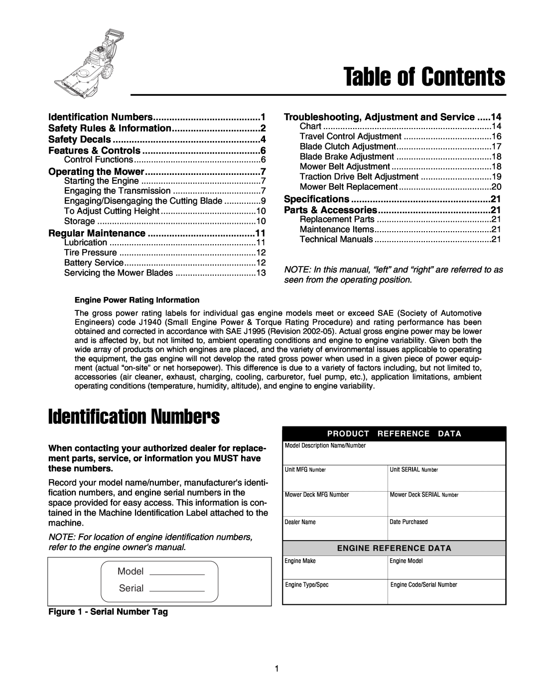 Briggs & Stratton FB13250BS Identification Numbers, NOTE For location of engine identification numbers, Table of Contents 
