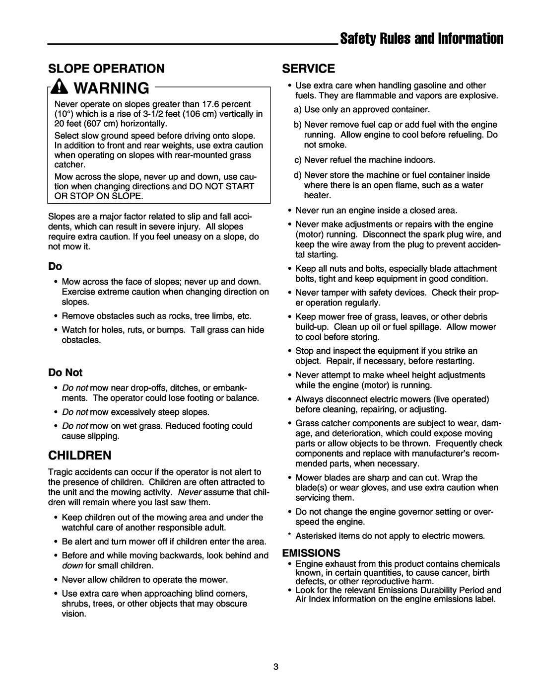 Briggs & Stratton FB13250BS manual Safety Rules and Information, Slope Operation, Children, Service, Do Not, Emissions 