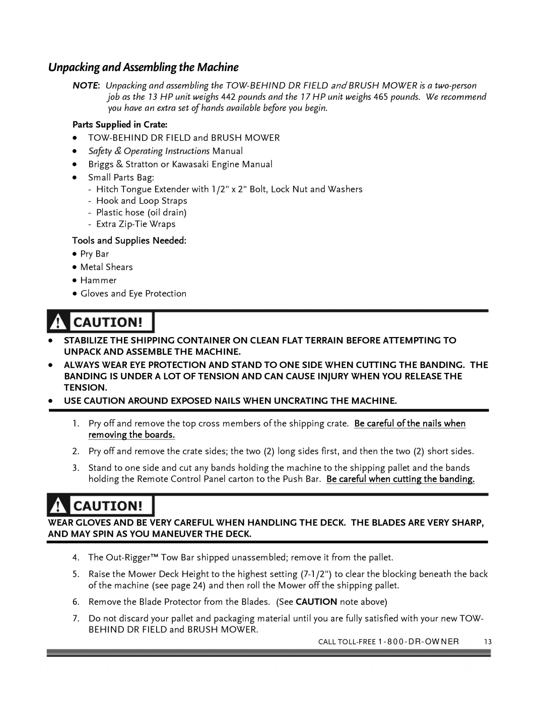 Briggs & Stratton FIELD and BRUSH MOWER manual Unpacking and Assembling the Machine, Parts Supplied in Crate 