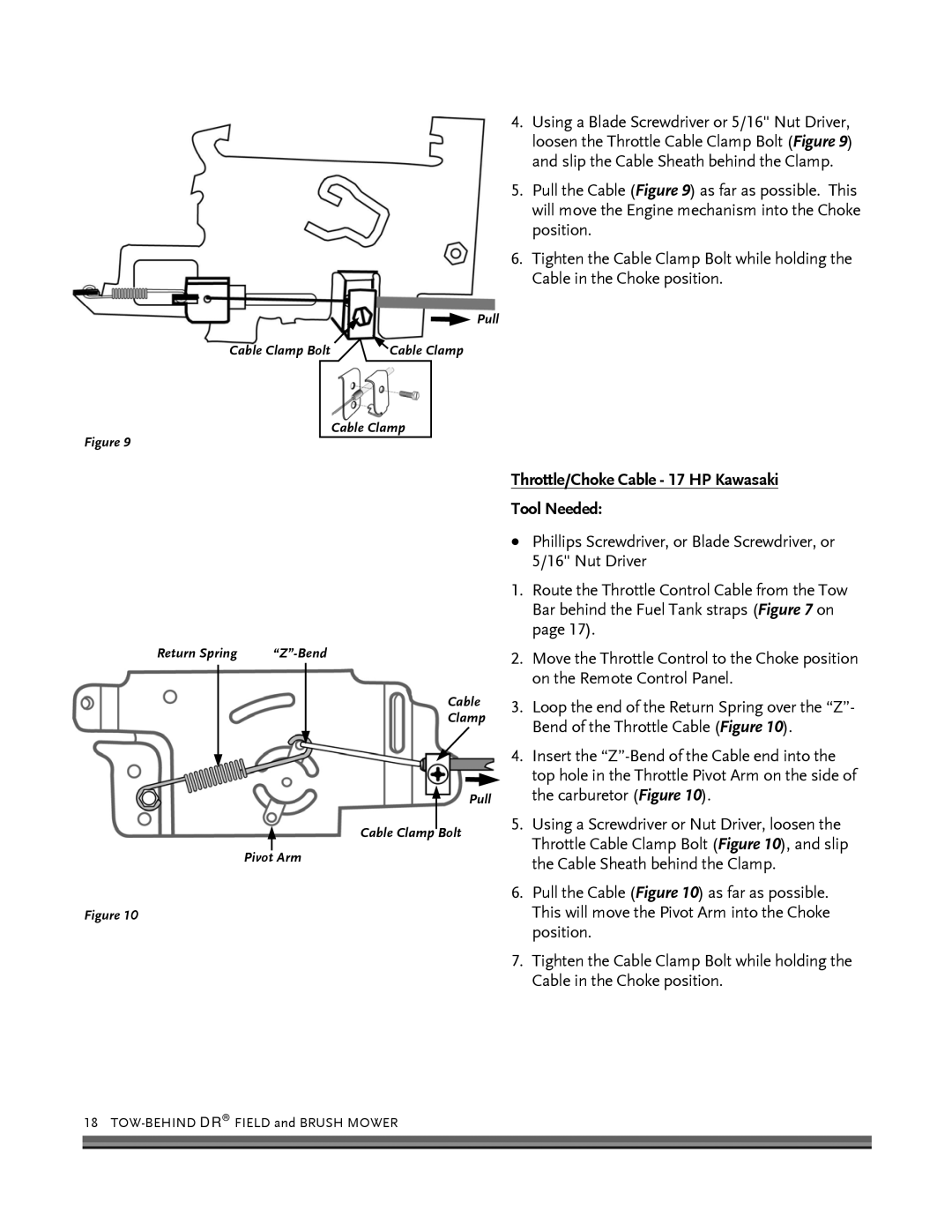 Briggs & Stratton FIELD and BRUSH MOWER manual Throttle/Choke Cable 17 HP Kawasaki Tool Needed 