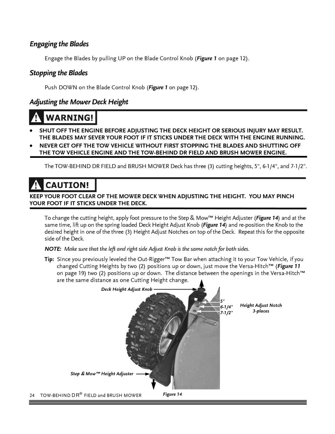 Briggs & Stratton FIELD and BRUSH MOWER manual Engaging the Blades, Stopping the Blades, Adjusting the Mower Deck Height 