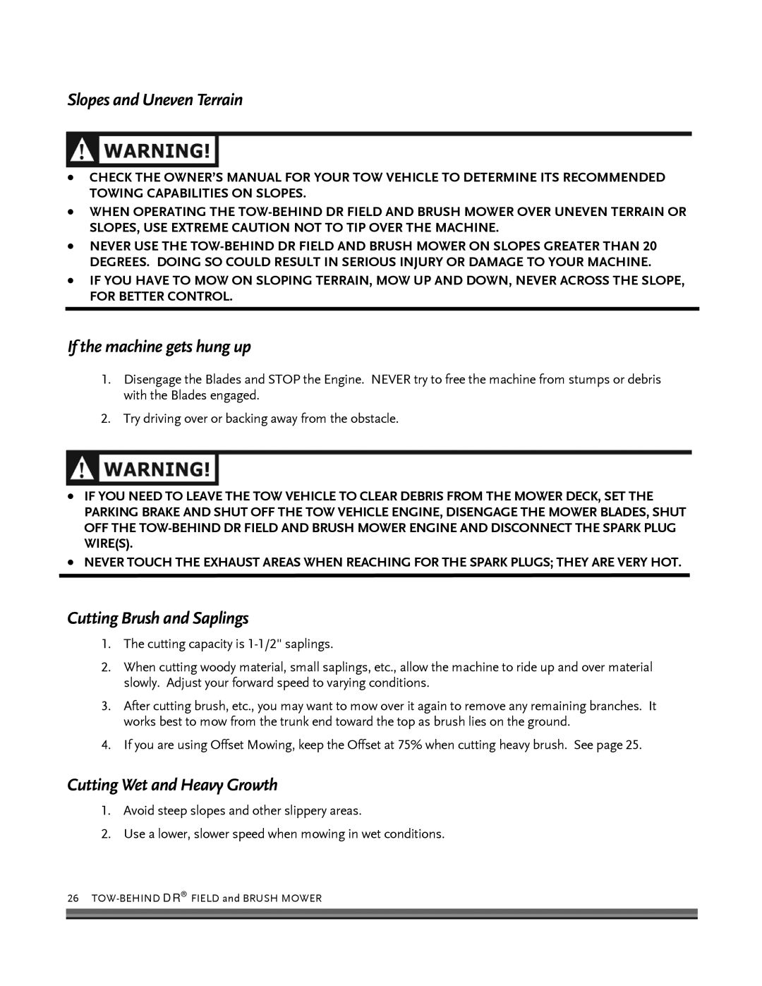 Briggs & Stratton FIELD and BRUSH MOWER Slopes and Uneven Terrain, If the machine gets hung up, Cutting Brush and Saplings 