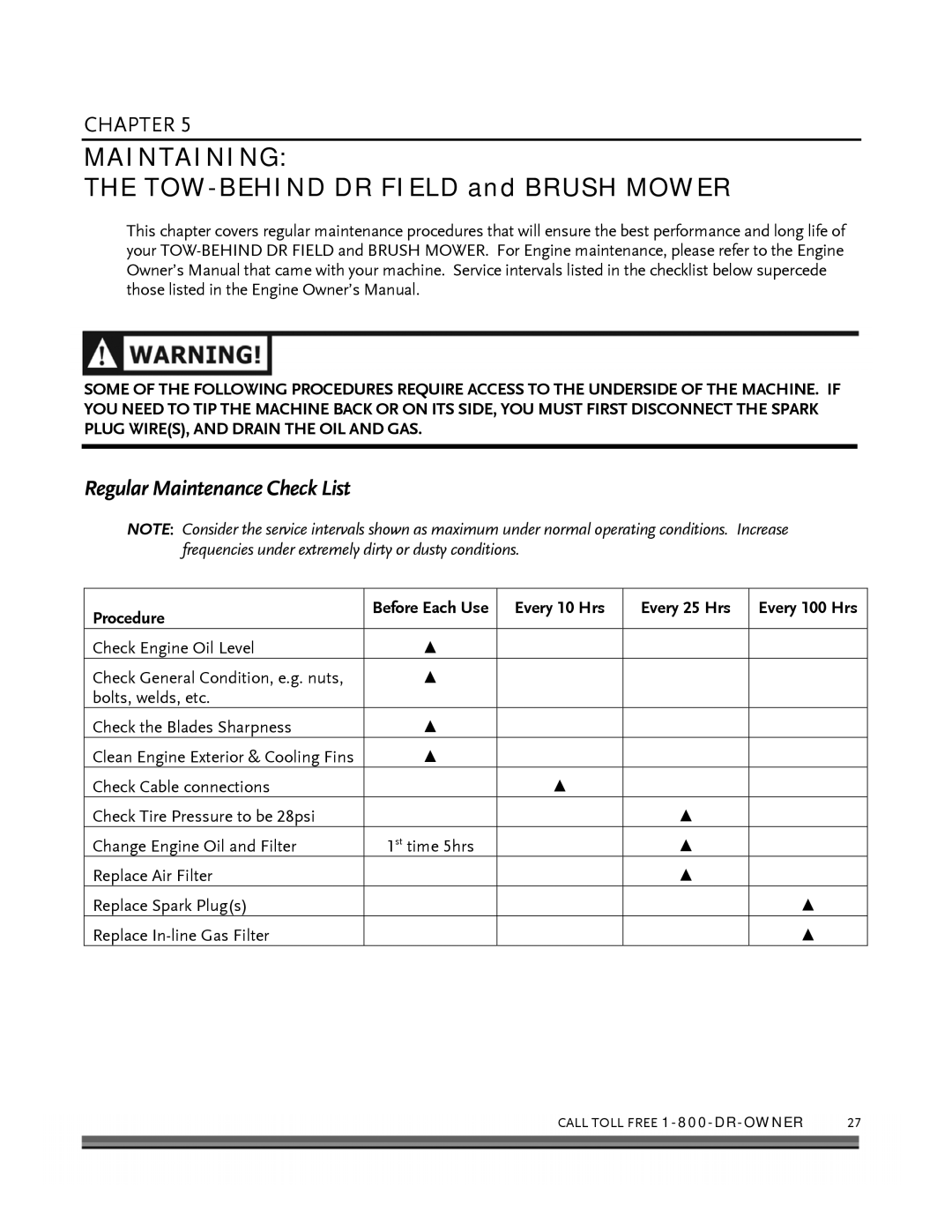 Briggs & Stratton FIELD and BRUSH MOWER Maintaining, Regular Maintenance Check List, Procedure, Every 10 Hrs Every 25 Hrs 