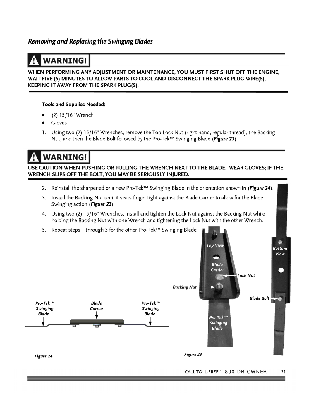 Briggs & Stratton FIELD and BRUSH MOWER manual Removing and Replacing the Swinging Blades, 15/16 Wrench Gloves 