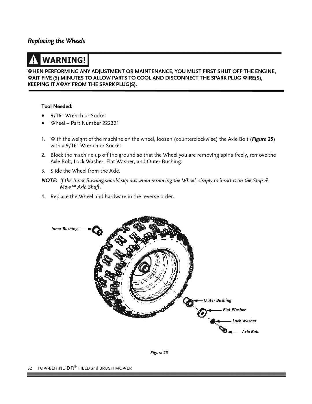 Briggs & Stratton FIELD and BRUSH MOWER manual Replacing the Wheels, Tool Needed 