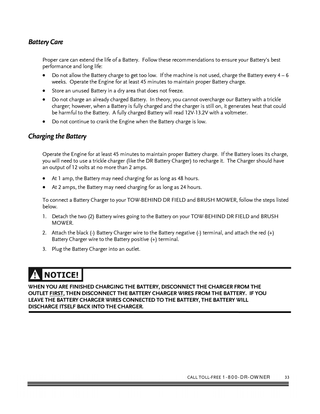 Briggs & Stratton FIELD and BRUSH MOWER manual Battery Care, Charging the Battery 