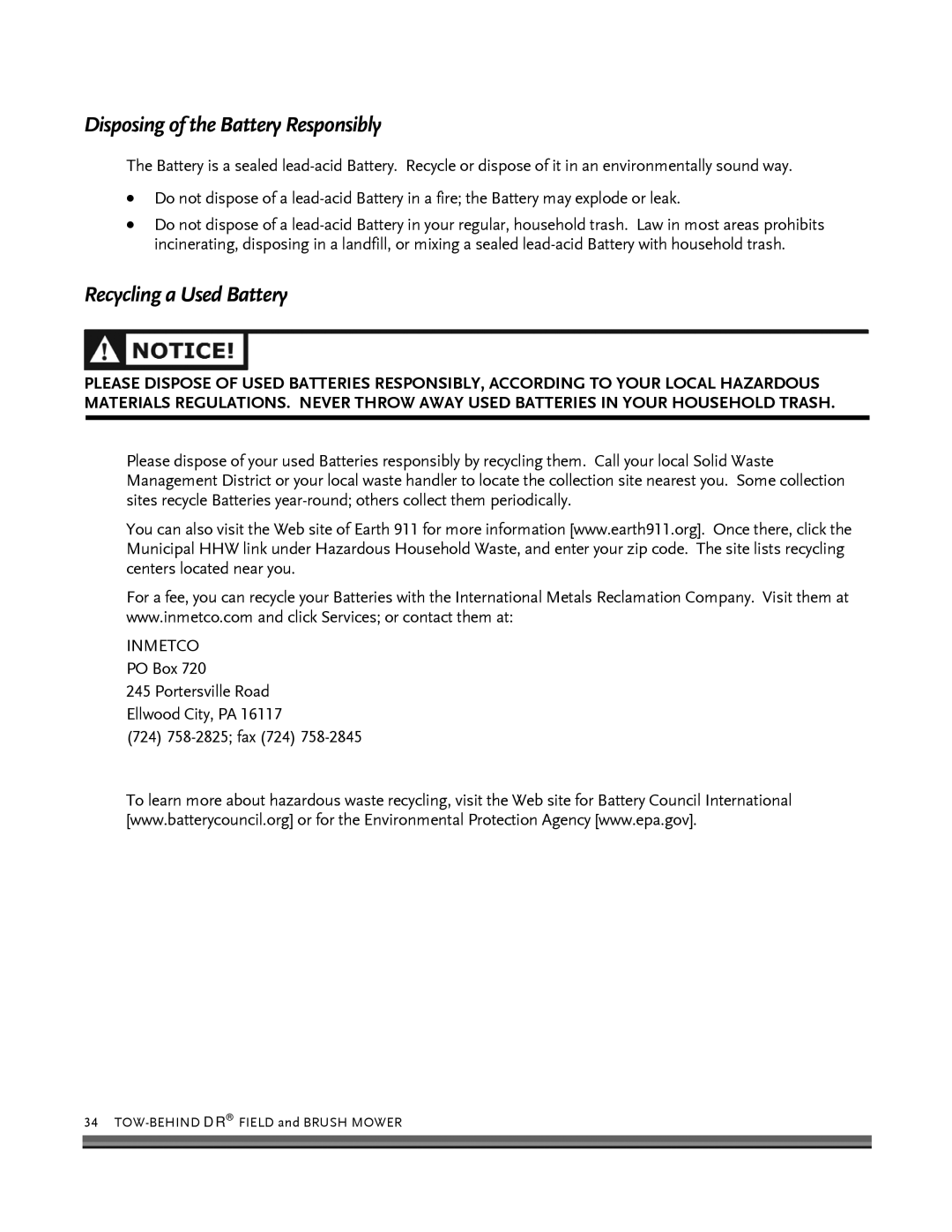 Briggs & Stratton FIELD and BRUSH MOWER manual Disposing of the Battery Responsibly, Recycling a Used Battery 