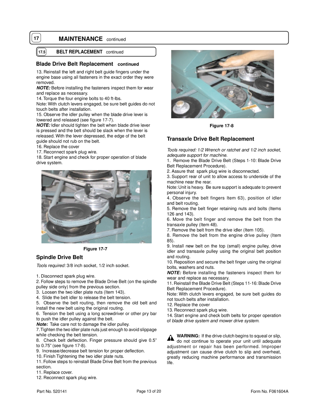 Briggs & Stratton FM3300E owner manual Spindle Drive Belt 