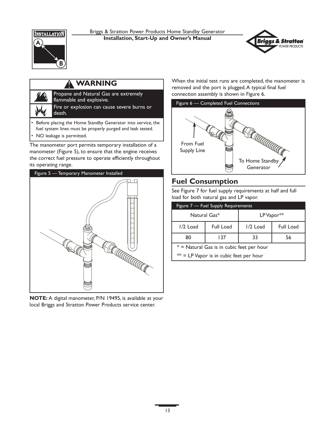 Briggs & Stratton Generator owner manual Fuel Consumption, From Fuel, To Home Standby, Load 