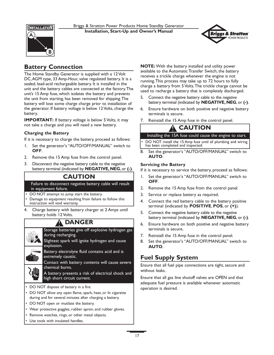 Briggs & Stratton Generator Battery Connection, Fuel Supply System, Charging the Battery, Servicing the Battery 