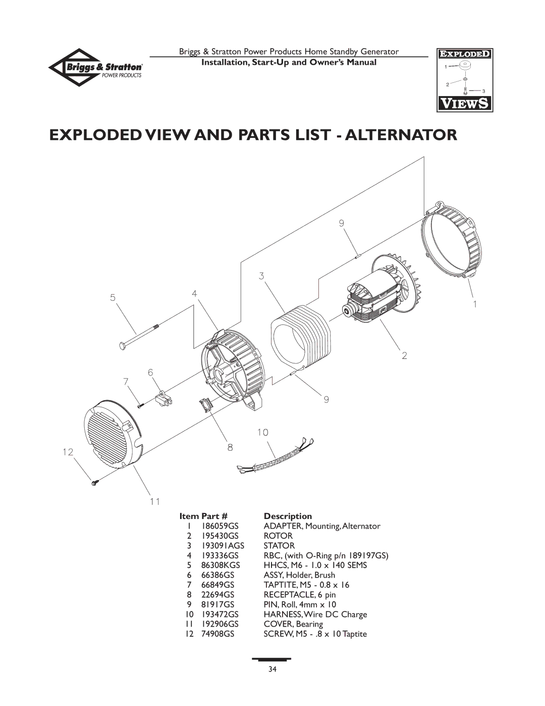 Briggs & Stratton Generator Exploded View and Parts List Alternator, ADAPTER, Mounting,Alternator, HARNESS,Wire DC Charge 