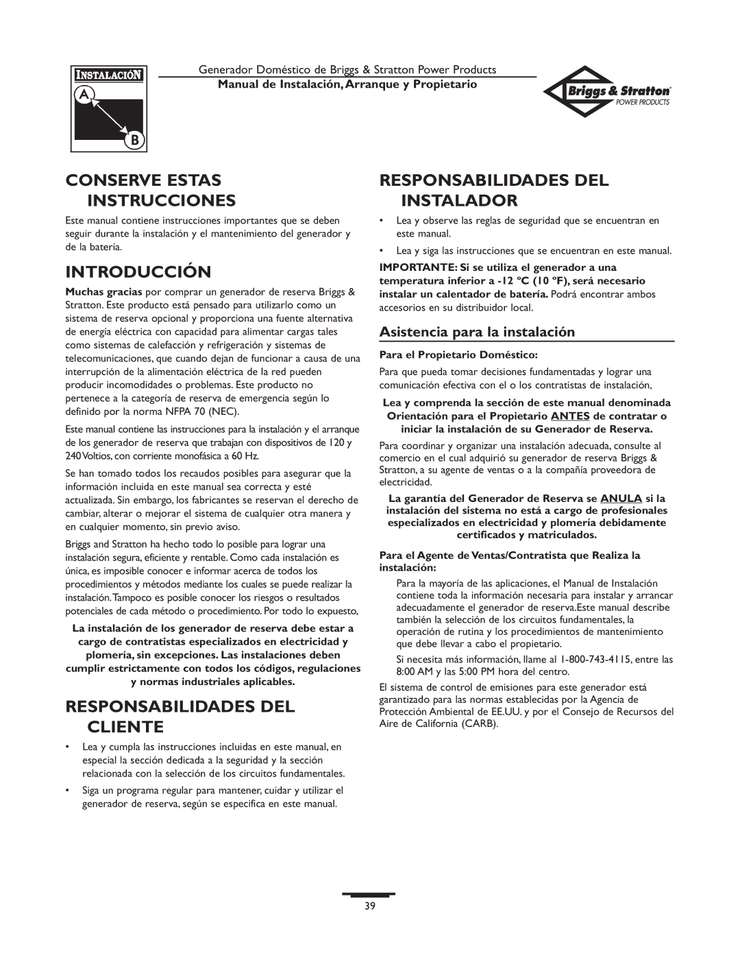 Briggs & Stratton Generator owner manual Conserve Estas Instrucciones, Introducción, Responsabilidades DEL Cliente 