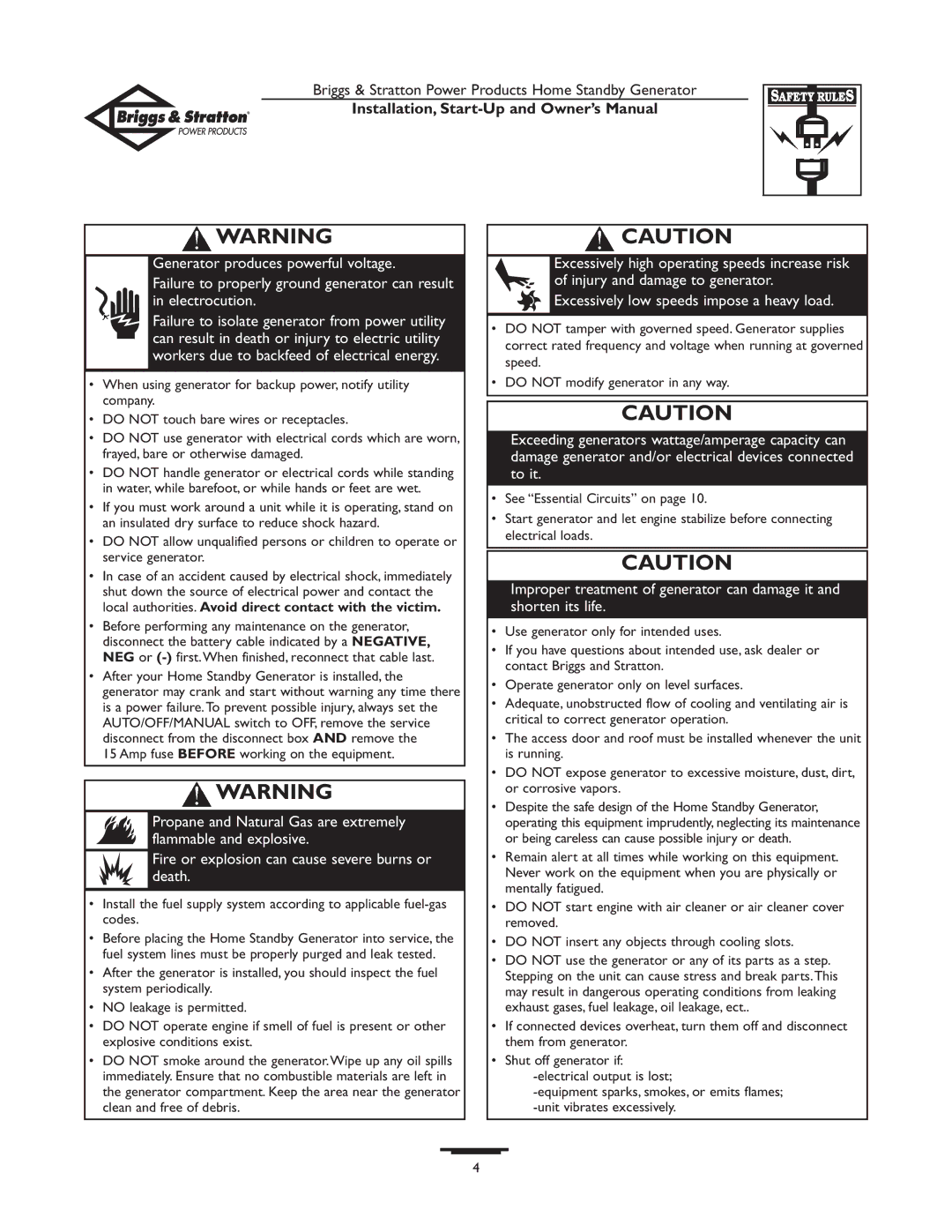 Briggs & Stratton Generator owner manual Amp fuse Before working on the equipment 