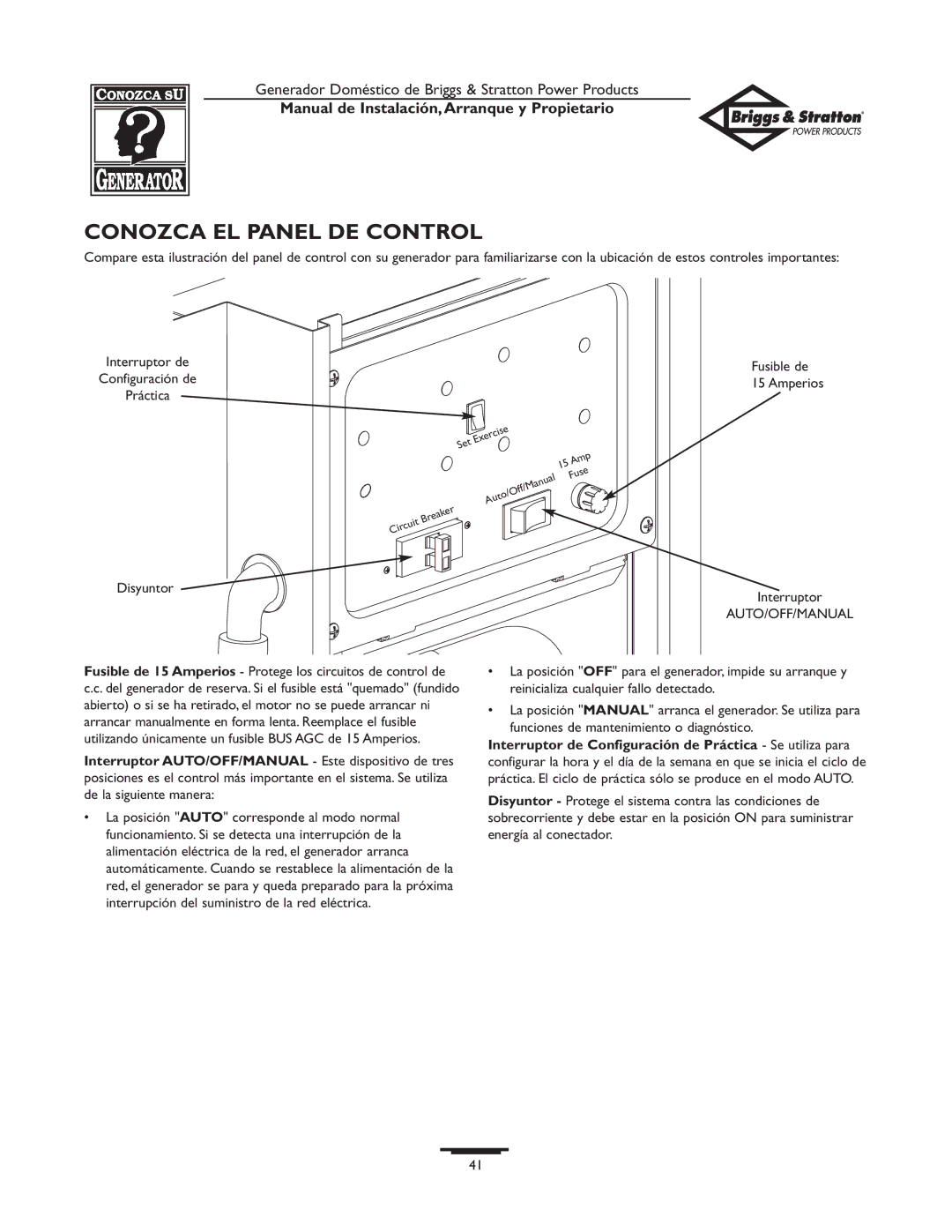 Briggs & Stratton Generator owner manual Conozca EL Panel DE Control, Fusible de, Disyuntor Interruptor 