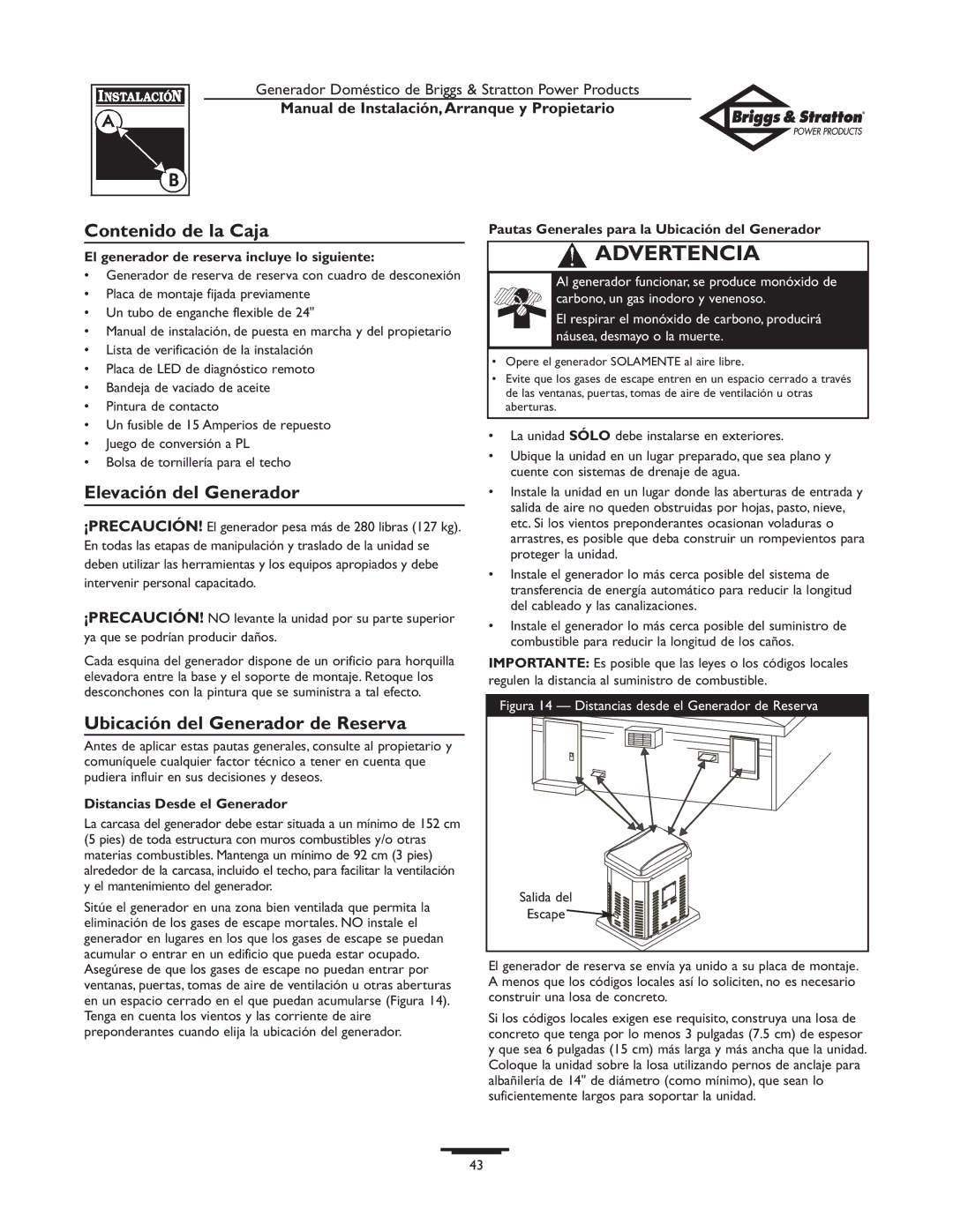 Briggs & Stratton Generator owner manual Contenido de la Caja, Elevación del Generador, Ubicación del Generador de Reserva 