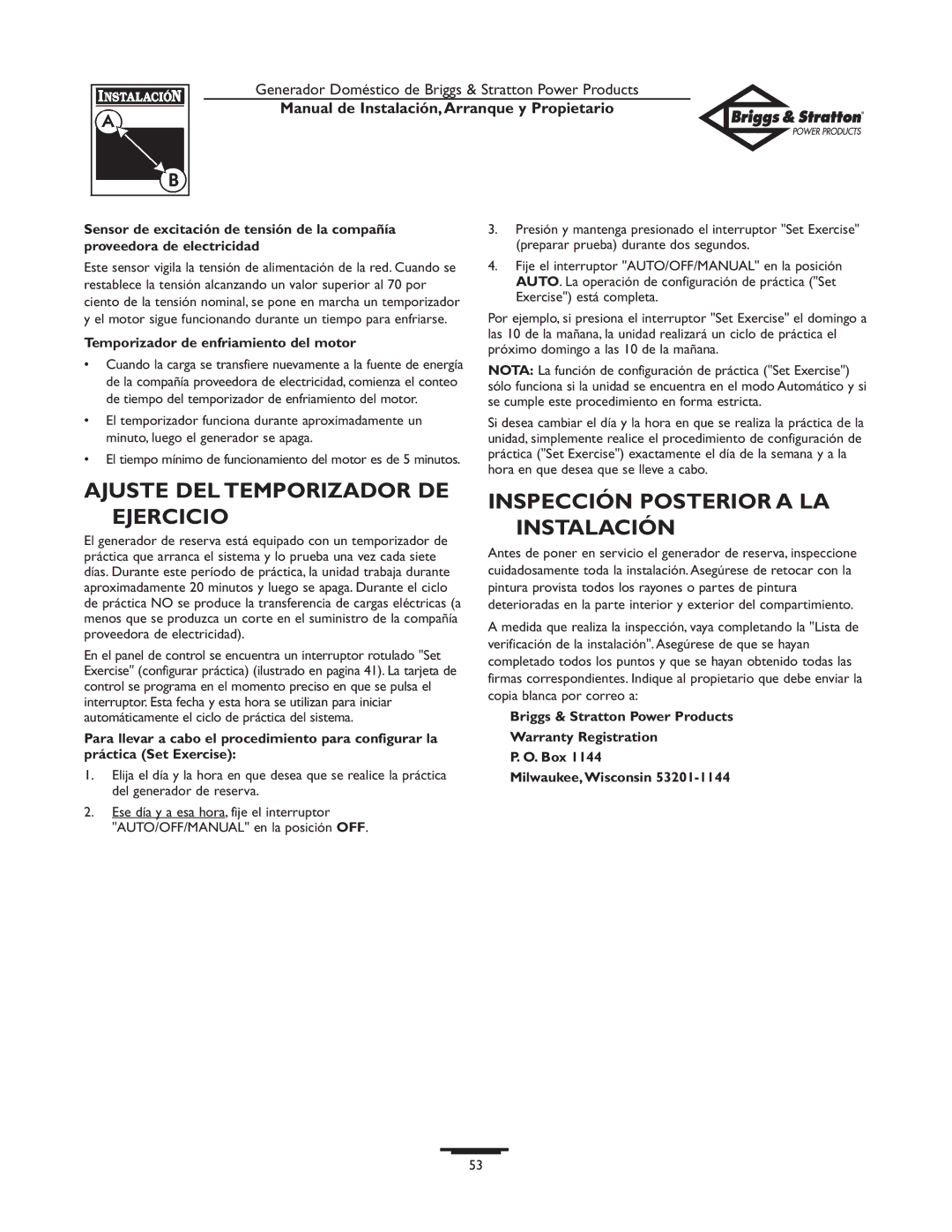 Briggs & Stratton Generator owner manual Ajuste DEL Temporizador DE Ejercicio, Inspección Posterior a LA Instalación 