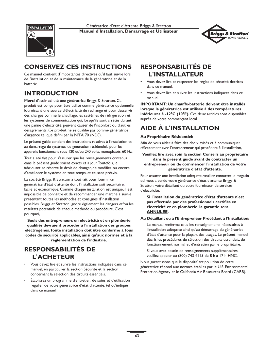 Briggs & Stratton Generator owner manual Conservez CES Instructions, Introduction, Responsabilités DE Linstallateur 